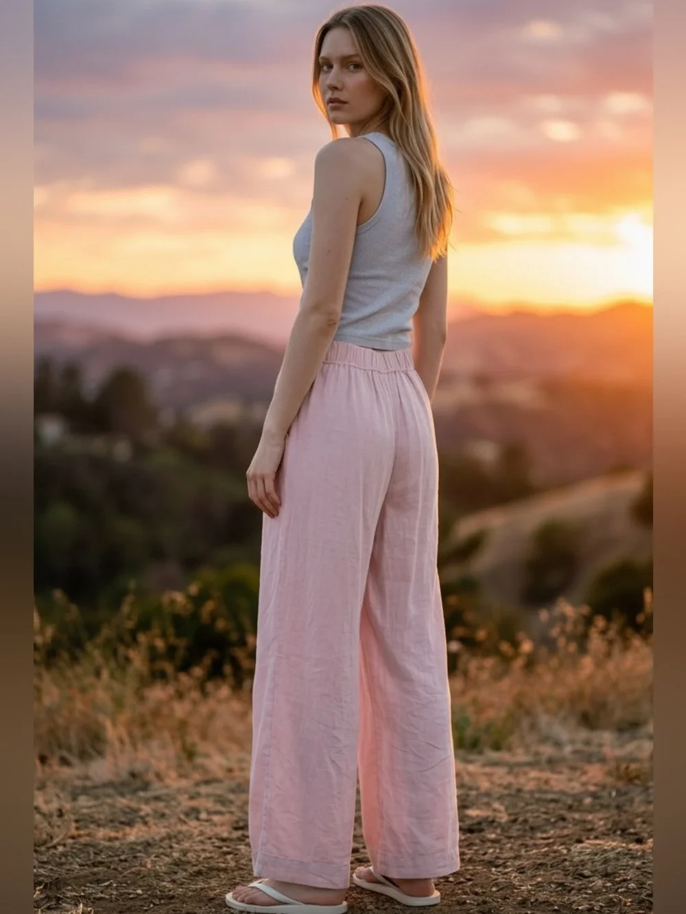 Free People Light Pink Linen-Blend Wide Leg Pants Size XS